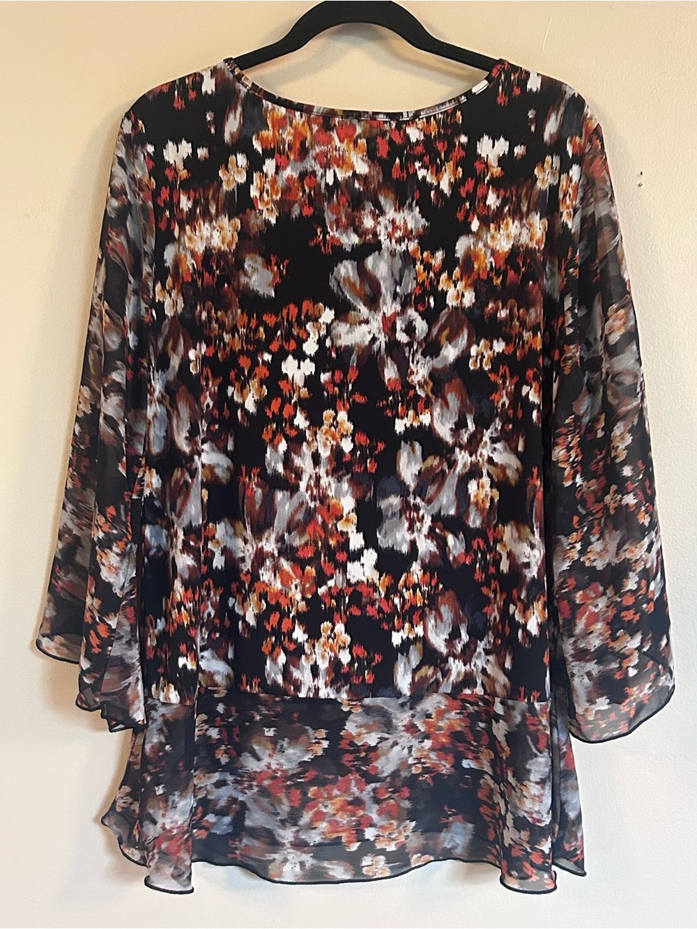 Roz & Ali Black Floral Layered Sheer Tunic with Rust & Cream